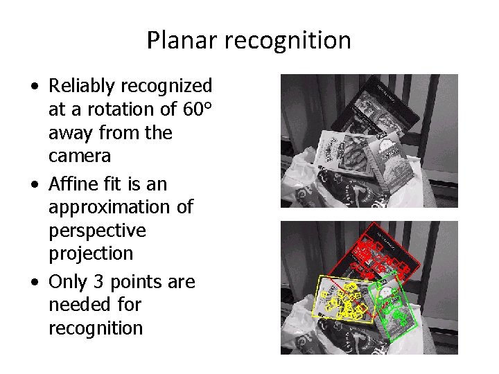 Planar recognition • Reliably recognized at a rotation of 60° away from the camera Planar recognition • Reliably recognized at a rotation of 60° away from the camera