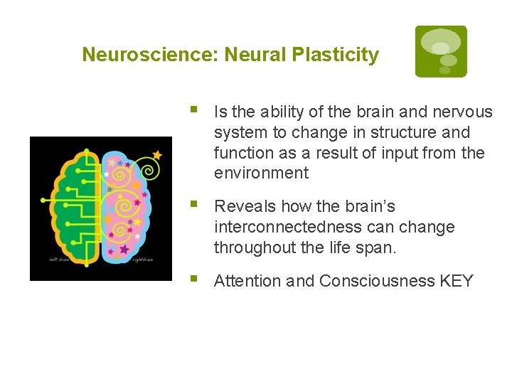 Neuroscience: Neural Plasticity § Is the ability of the brain and nervous system to