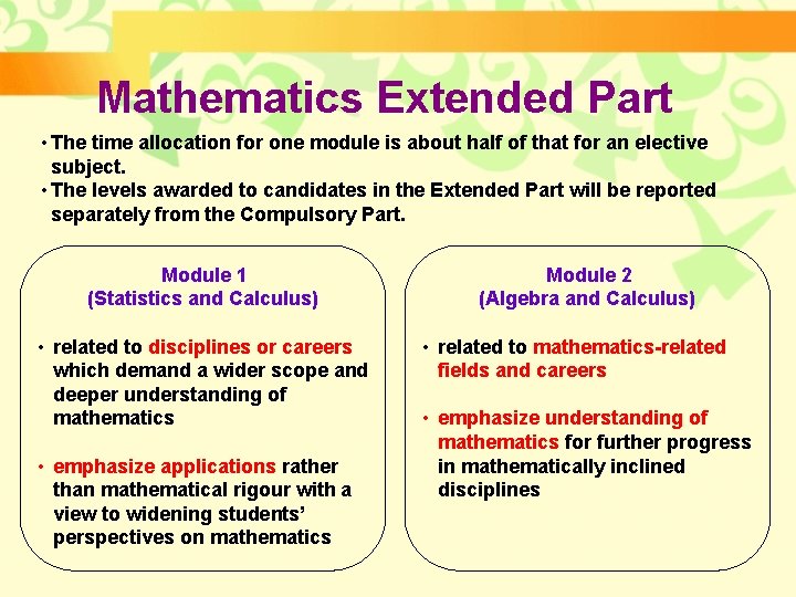 Mathematics Extended Part • The time allocation for one module is about half of Mathematics Extended Part • The time allocation for one module is about half of