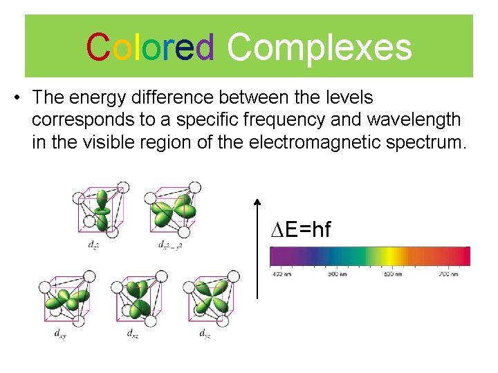 Colored Complexes • The energy difference between the levels corresponds to a specific frequency