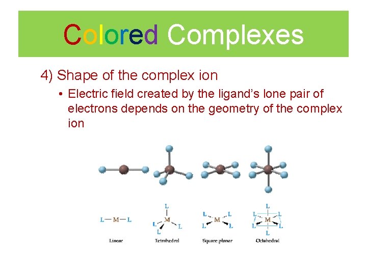 Colored Complexes 4) Shape of the complex ion • Electric field created by the