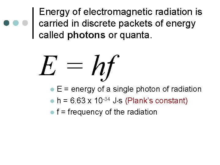 Energy of electromagnetic radiation is carried in discrete packets of energy called photons or