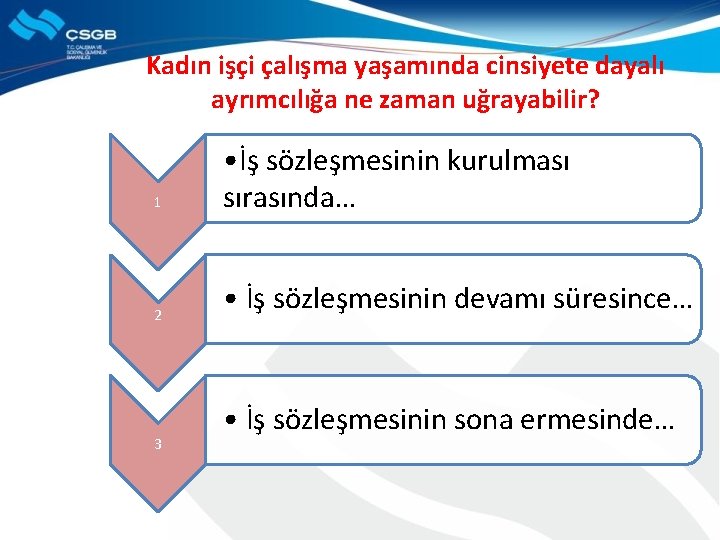 Kadın işçi çalışma yaşamında cinsiyete dayalı ayrımcılığa ne zaman uğrayabilir? 1 • İş sözleşmesinin