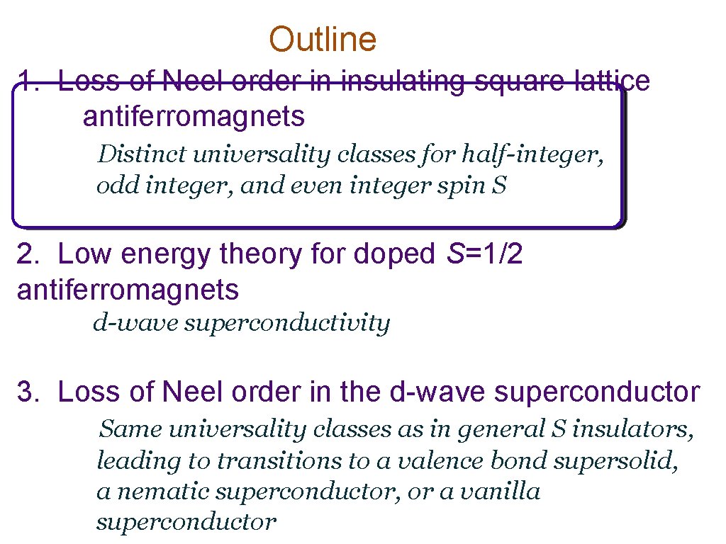 Outline 1. Loss of Neel order in insulating square lattice antiferromagnets Distinct universality classes