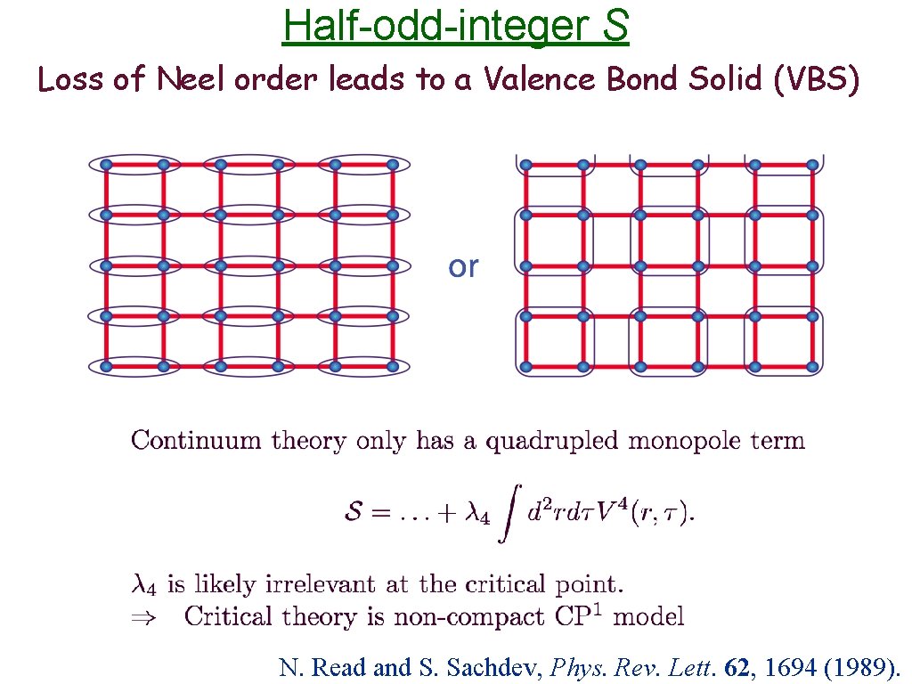 Half-odd-integer S Loss of Neel order leads to a Valence Bond Solid (VBS) N.