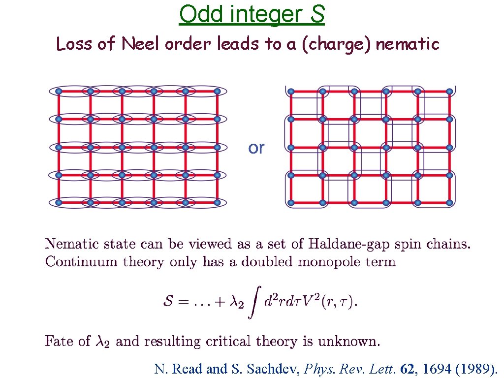 Odd integer S Loss of Neel order leads to a (charge) nematic N. Read