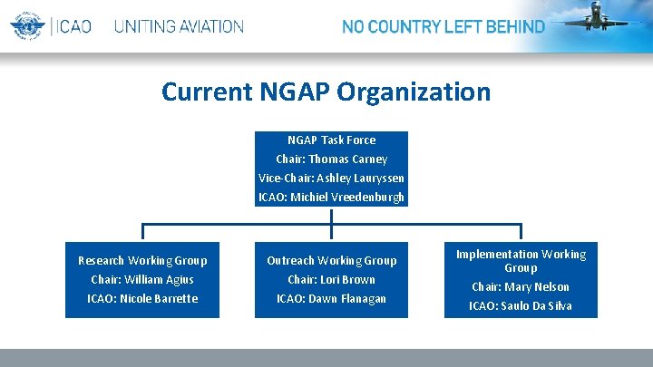 Current NGAP Organization NGAP Task Force Chair: Thomas Carney Vice-Chair: Ashley Lauryssen ICAO: Michiel