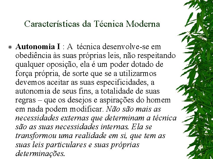 Características da Técnica Moderna Autonomia I : A técnica desenvolve-se em obediência às suas