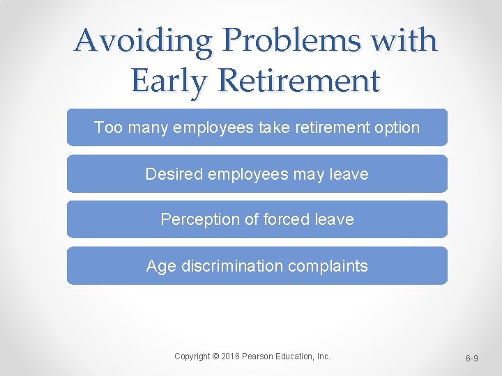 Avoiding Problems with Early Retirement Too many employees take retirement option Desired employees may