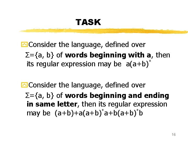 TASK y. Consider the language, defined over Σ={a, b} of words beginning with a, TASK y. Consider the language, defined over Σ={a, b} of words beginning with a,