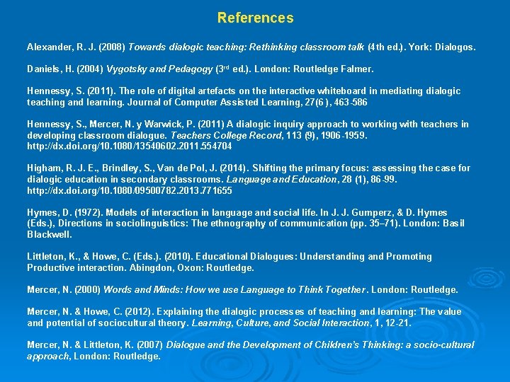 References Alexander, R. J. (2008) Towards dialogic teaching: Rethinking classroom talk (4 th ed.