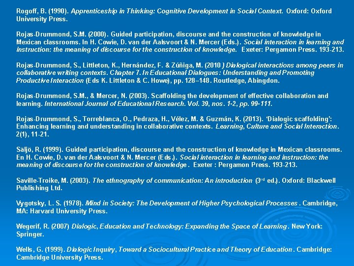 Rogoff, B. (1990). Apprenticeship in Thinking: Cognitive Development in Social Context. Oxford: Oxford University