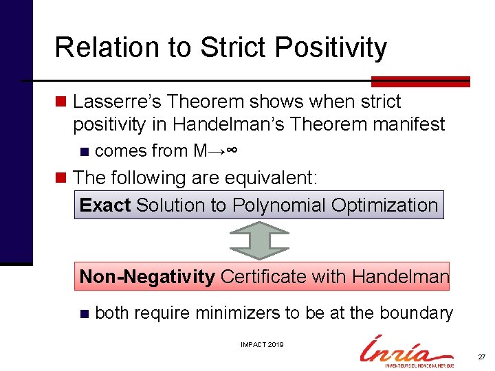 Relation to Strict Positivity n Lasserre’s Theorem shows when strict positivity in Handelman’s Theorem