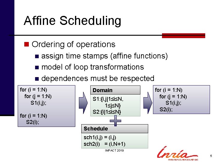 Affine Scheduling n Ordering of operations n assign time stamps (affine functions) n model
