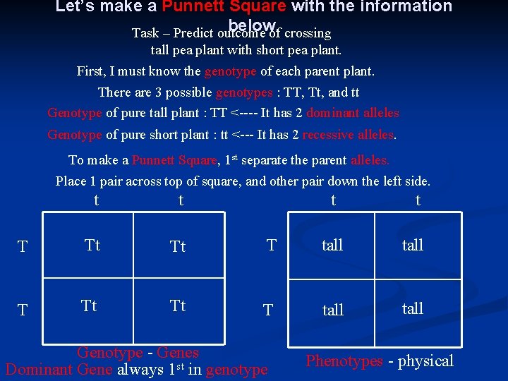 Let’s make a Punnett Square with the information below. Task – Predict outcome of