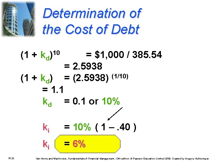 Determination of the Cost of Debt (1 + kd)10 = $1, 000 / 385.