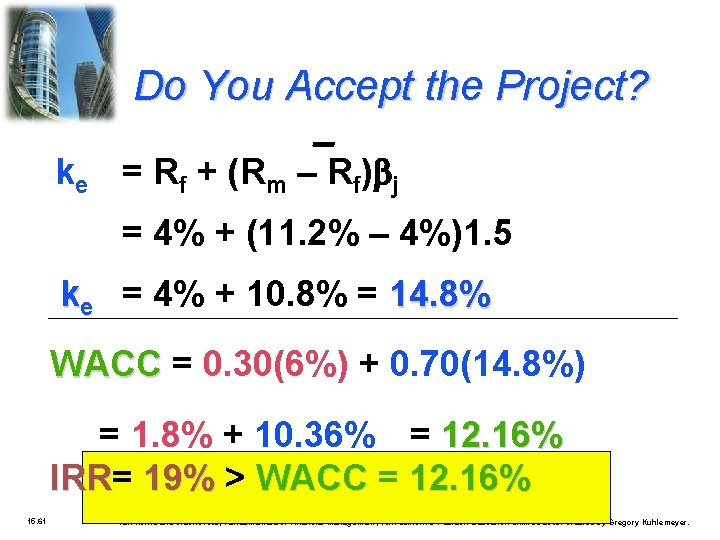 Do You Accept the Project? ke = Rf + (Rm – Rf) j =