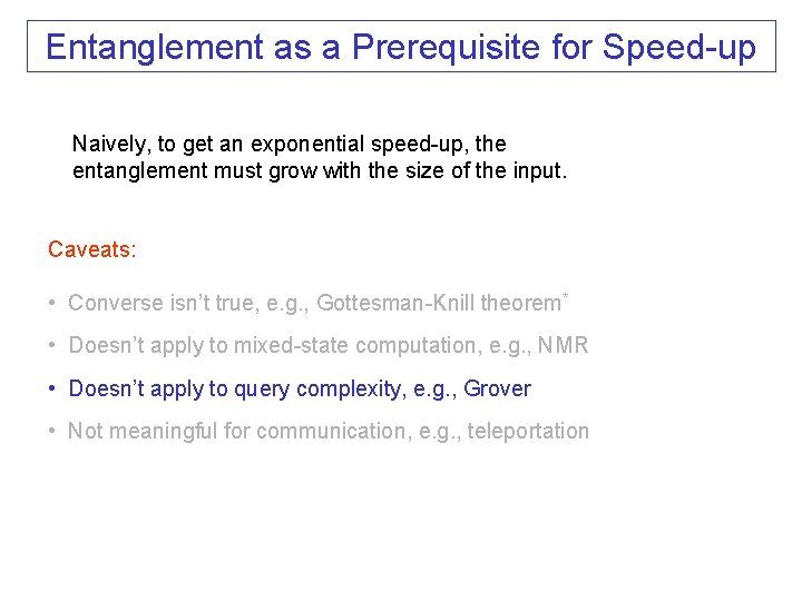 Entanglement as a Prerequisite for Speed-up Naively, to get an exponential speed-up, the entanglement