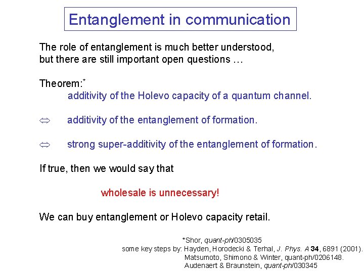 Entanglement in communication The role of entanglement is much better understood, but there are