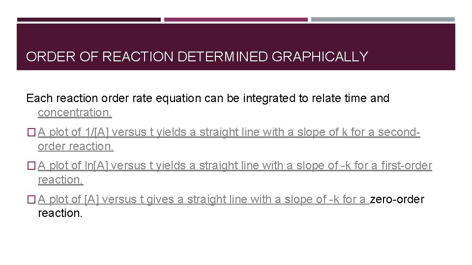 ORDER OF REACTION DETERMINED GRAPHICALLY Each reaction order rate equation can be integrated to