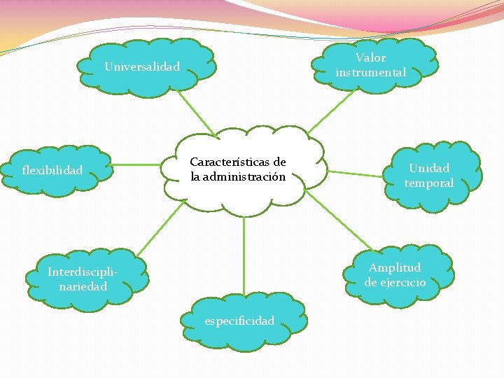 Valor instrumental Universalidad flexibilidad Características de la administración Unidad temporal Amplitud de ejercicio Interdisciplinariedad