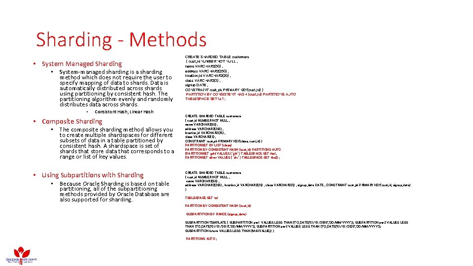 Sharding - Methods • System Managed Sharding • System-managed sharding is a sharding method Sharding - Methods • System Managed Sharding • System-managed sharding is a sharding method