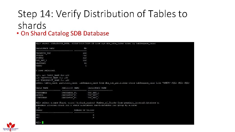 Step 14: Verify Distribution of Tables to shards • On Shard Catalog SDB Database Step 14: Verify Distribution of Tables to shards • On Shard Catalog SDB Database