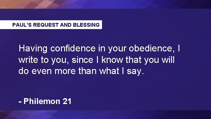 PAUL’S REQUEST AND BLESSING Having confidence in your obedience, I write to you, since