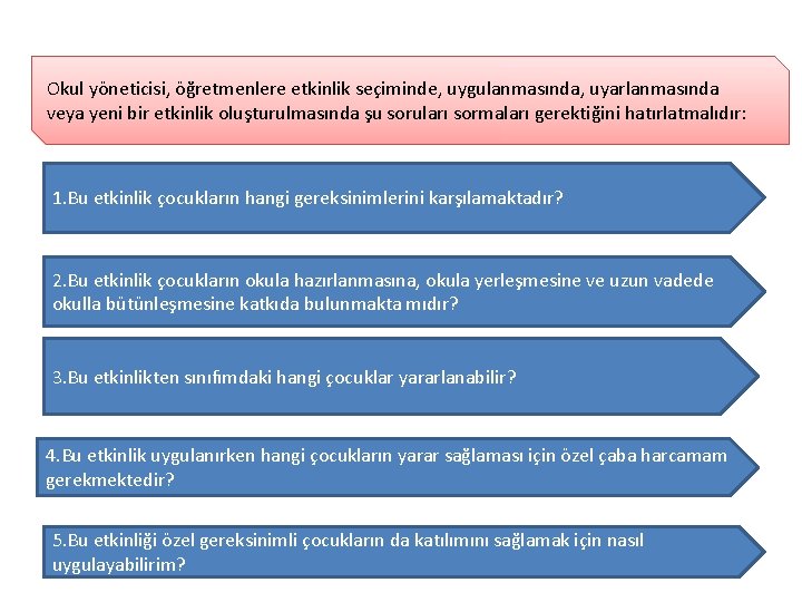 Okul yöneticisi, öğretmenlere etkinlik seçiminde, uygulanmasında, uyarlanmasında veya yeni bir etkinlik oluşturulmasında şu soruları