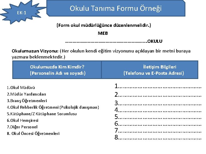 EK-1 Okulu Tanıma Formu Örneği (Form okul müdürlüğünce düzenlenmelidir. ) MEB ……………………………. OKULU Okulumuzun