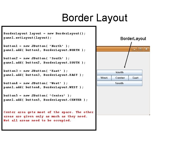 Border Layout Border. Layout layout = new Border. Layout(); panel. set. Layout(layout); 3 x