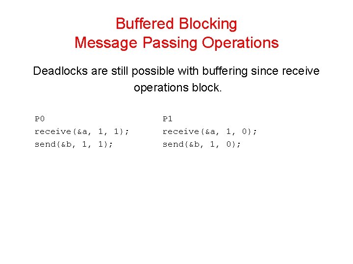 Buffered Blocking Message Passing Operations Deadlocks are still possible with buffering since receive operations