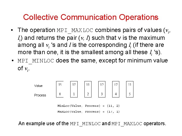 Collective Communication Operations • The operation MPI_MAXLOC combines pairs of values (vi, li) and