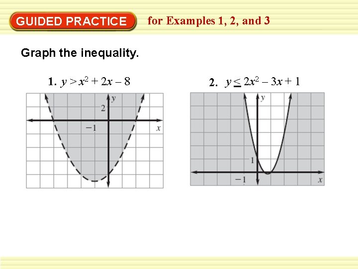 GUIDED PRACTICE for Examples 1, 2, and 3 Graph the inequality. 1. y >