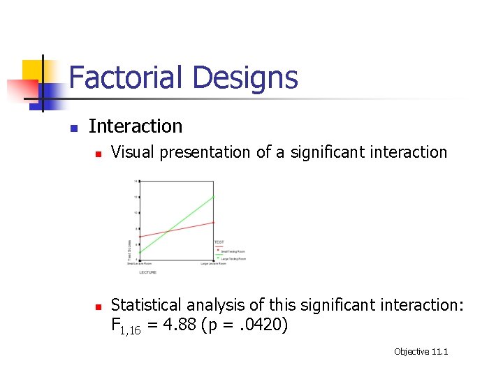 Factorial Designs n Interaction n n Visual presentation of a significant interaction Statistical analysis