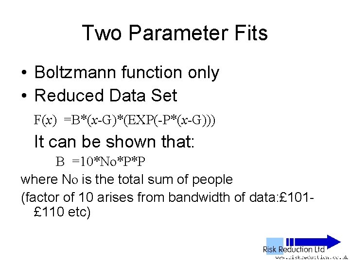 Two Parameter Fits • Boltzmann function only • Reduced Data Set F(x) =B*(x-G)*(EXP(-P*(x-G))) It