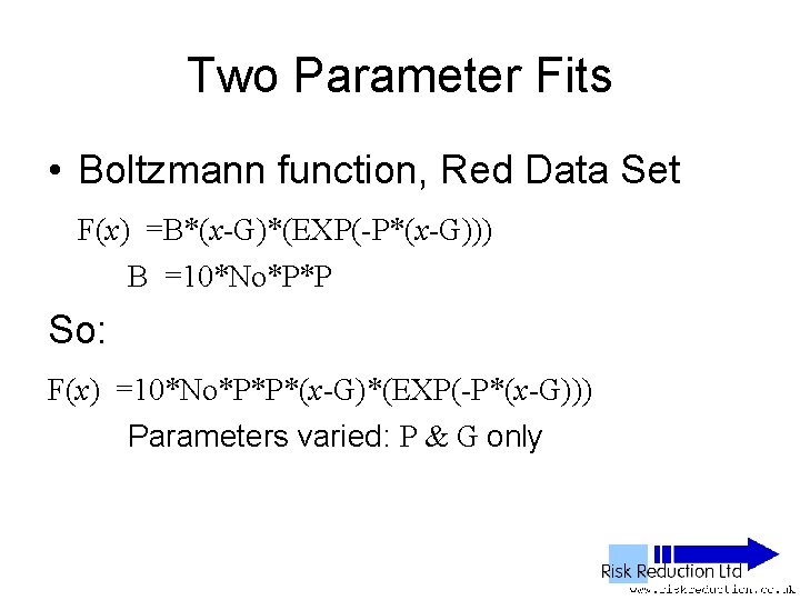 Two Parameter Fits • Boltzmann function, Red Data Set F(x) =B*(x-G)*(EXP(-P*(x-G))) B =10*No*P*P So: