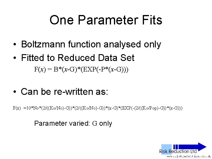 One Parameter Fits • Boltzmann function analysed only • Fitted to Reduced Data Set