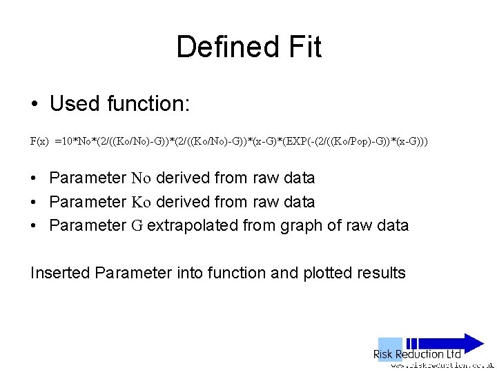 Defined Fit • Used function: F(x) =10*No*(2/((Ko/No)-G))*(x-G)*(EXP(-(2/((Ko/Pop)-G))*(x-G))) • Parameter No derived from raw data