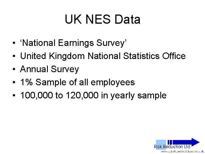 UK NES Data • • • ‘National Earnings Survey’ United Kingdom National Statistics Office