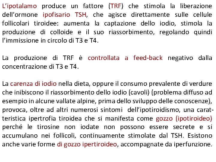 L’ipotalamo produce un fattore (TRF) che stimola la liberazione dell’ormone ipofisario TSH, che agisce