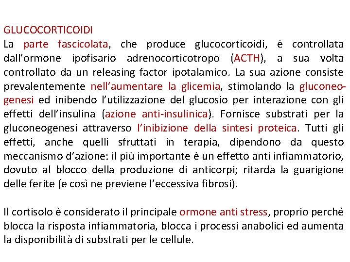 GLUCOCORTICOIDI La parte fascicolata, che produce glucocorticoidi, è controllata dall’ormone ipofisario adrenocorticotropo (ACTH), a