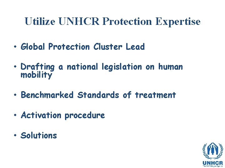 Utilize UNHCR Protection Expertise • Global Protection Cluster Lead • Drafting a national legislation