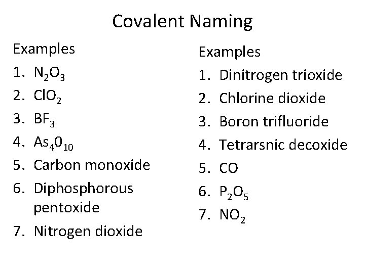 Covalent Naming Examples 1. N 2 O 3 2. Cl. O 2 3. BF