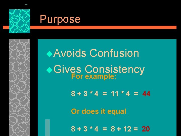 Purpose u. Avoids Confusion u. Gives Consistency For example: 8 + 3 * 4