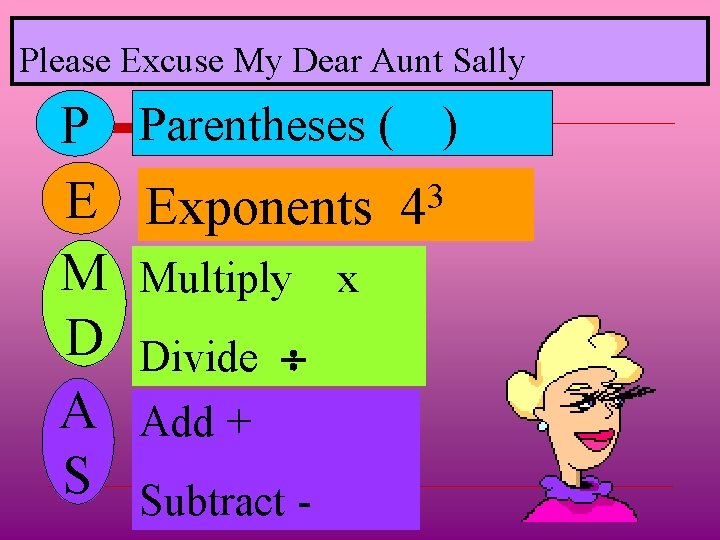 Please Excuse My Dear Aunt Sally P E M D A S Parentheses (