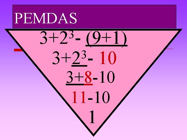 PEMDAS 3 3+2 - (9+1) 3 3+2 - 10 3+8 -10 11 -10 1