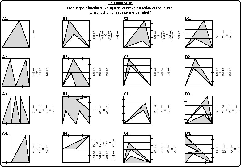 Fractional Areas Each shape is inscribed in a square, or within a fraction of
