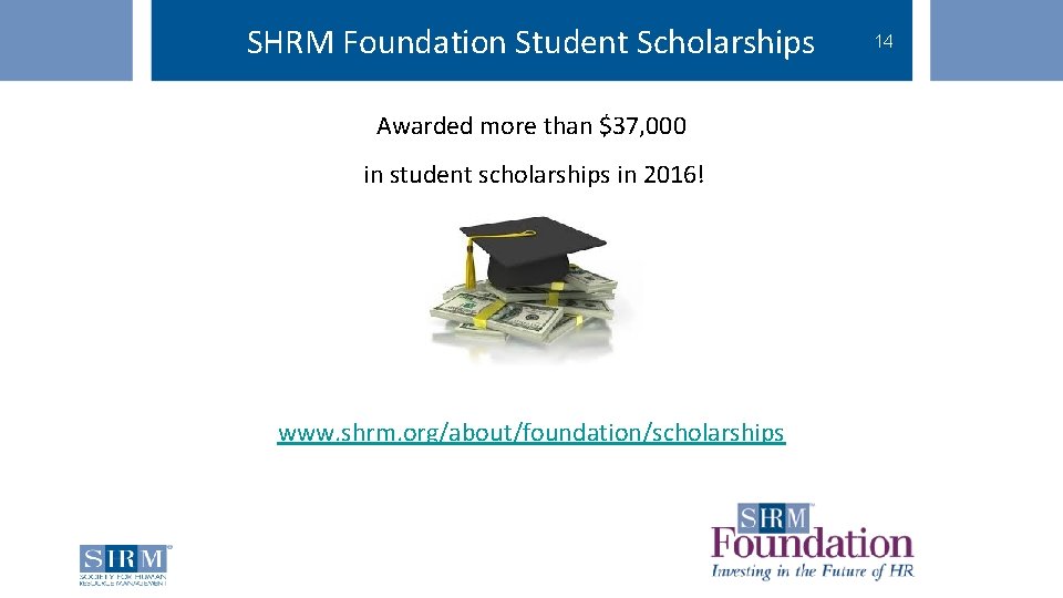 SHRM Foundation Student Scholarships 14 SHRM Student Membership Benefits Awarded more than $37, 000