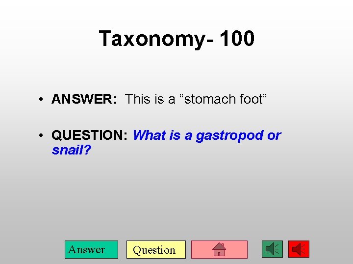 Taxonomy- 100 • ANSWER: This is a “stomach foot” • QUESTION: What is a